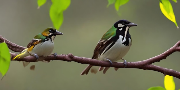 A pair of birds are sitting on a branch with the green head of the bird.