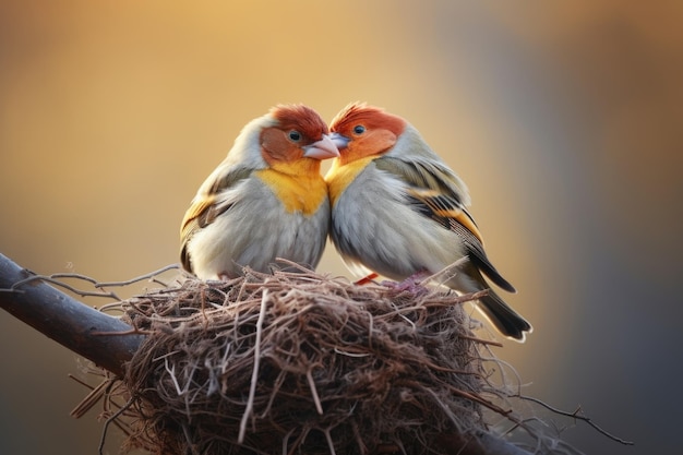 Pair of birds building a nest together