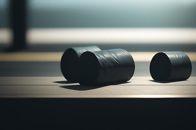 a pair of black barrels laying on a table with the sun behind them