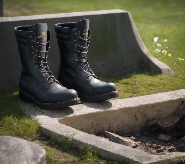 A pair of black boots with the word " on the side of it.