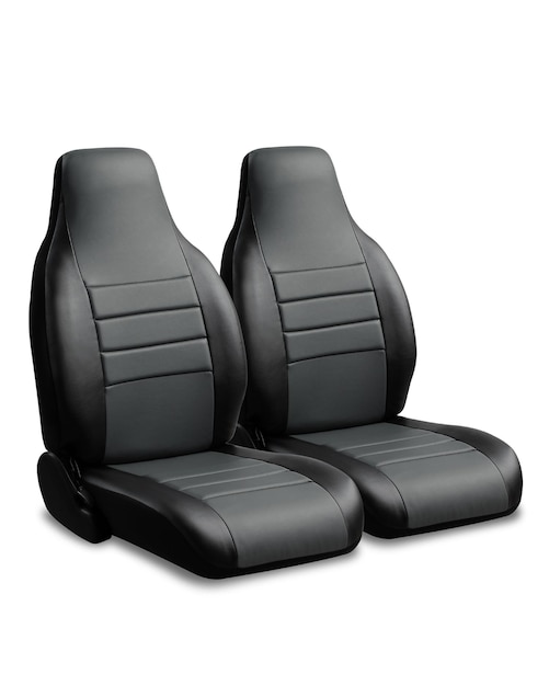 A pair of black car seats on a white background