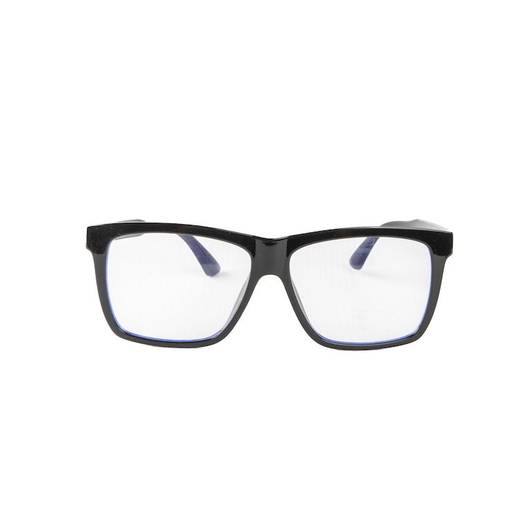 Photo a pair of black eyeglasses with a lens that says  glasses