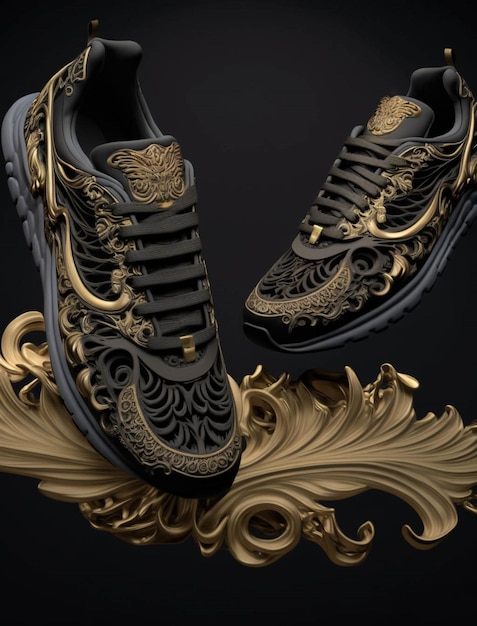 Pair of black and gold sneakers on a black background generative ai