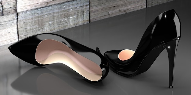 Пара черных туфель на высоком каблуке с промышленным бетонным фоном