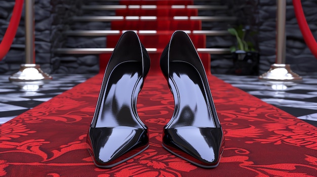Photo a pair of black high heels on a red carpet the shoes are in the foreground and the red carpet is in the background