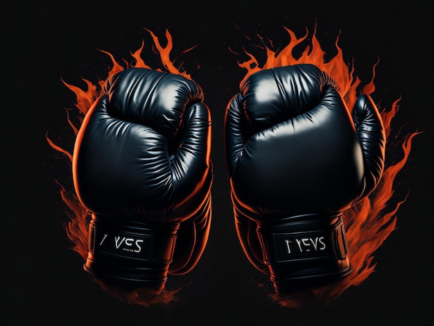 Pair of black leather boxing gloves on a dark background with fire