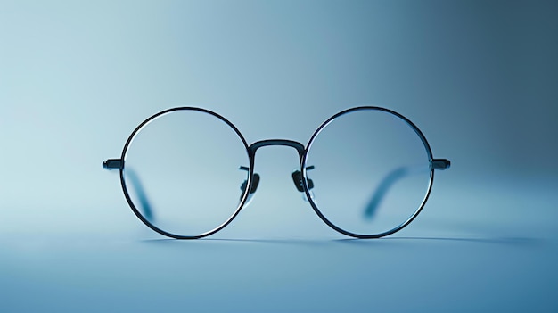 Photo a pair of black metal glasses with round lenses sits on a blue table against a blue background