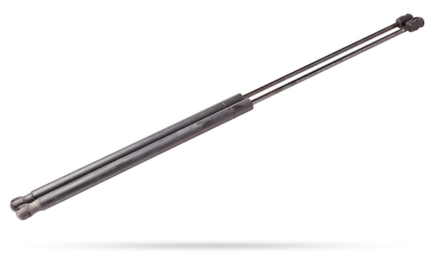 a pair of black metal hood shock absorbers with chrome elements detail of a car mechanism on a white isolated background spare parts for body repair