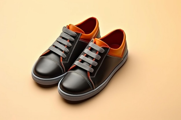 a pair of black shoes with orange trim and black stripes.