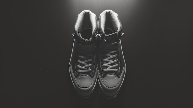 Photo a pair of black sneakers with the laces tied in a bow the sneakers are placed on a dark surface with a spotlight shining down on them