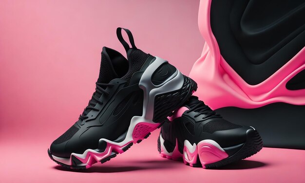 A pair of black sneakers with pink and black soles.