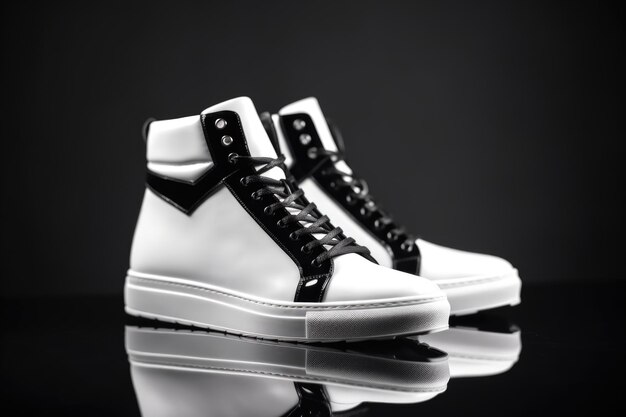 Pair of black and white high top shoes isolated on black background