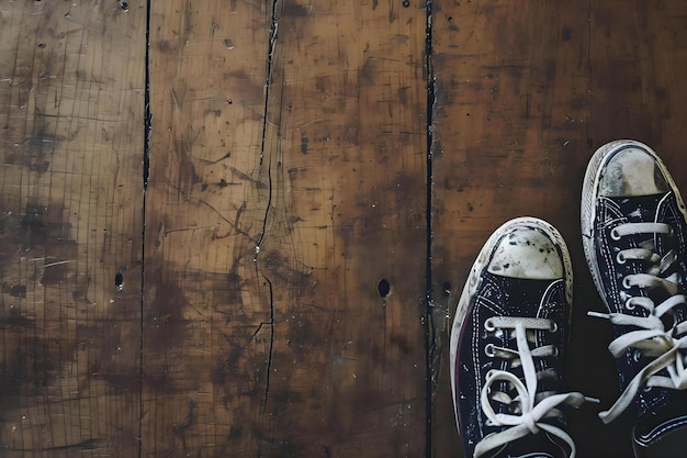 a pair of black and white shoes on a wooden floor