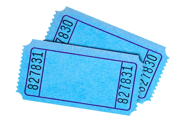 Pair of blank blue movie or raffle tickets isolated on white bac