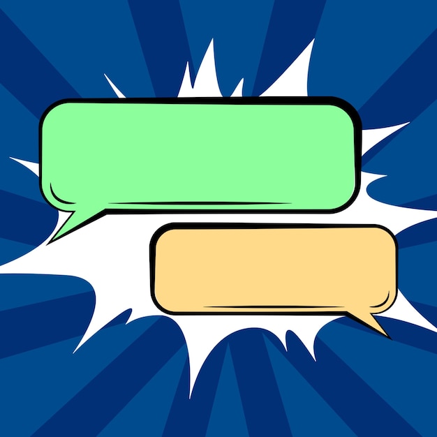 Pair of blank color speech bubbles of rectangular shape with copy space over color background