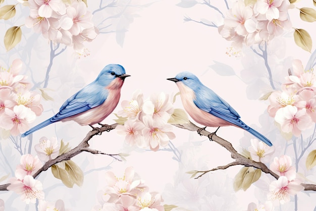 Pair of blue birds in spring nature Pastel color style in blue tones Generative AI