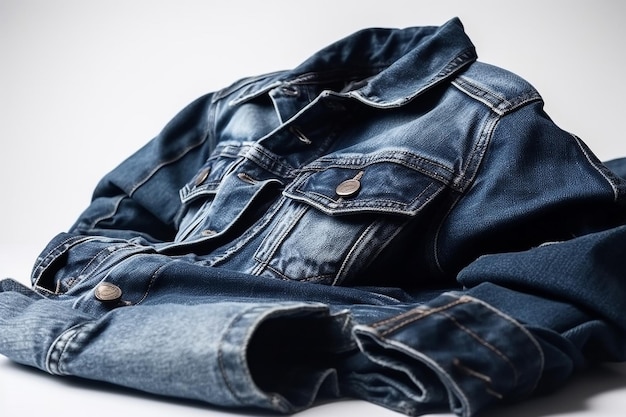 A pair of blue denim jackets are laying on a white surface.