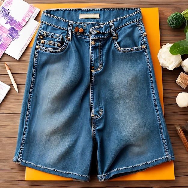 A pair of blue denim shorts with the word art on it.