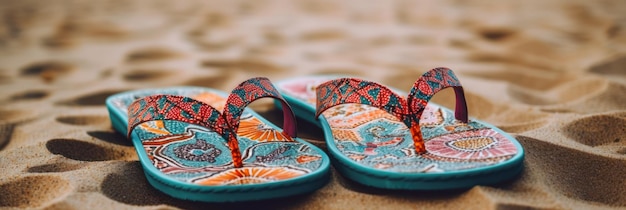 Photo a pair of blue flip flops sit on the beach.