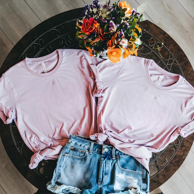 Foto un paio di jeans blu con una camicia rosa sulla parte anteriore