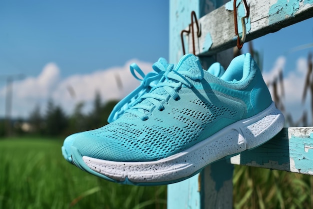 A pair of blue running shoes hanging on a wooden fence in the countryside