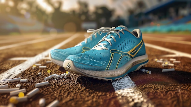 Foto un paio di scarpe da corsa blu sono posizionate su una pista da corsa di cemento le scarpe sono sciolte e i lacci sono appesi sciolti