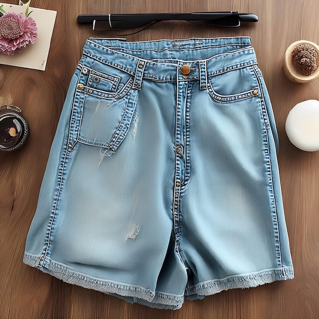 A pair of blue shorts with a button on the front and a coffee cup on the right.