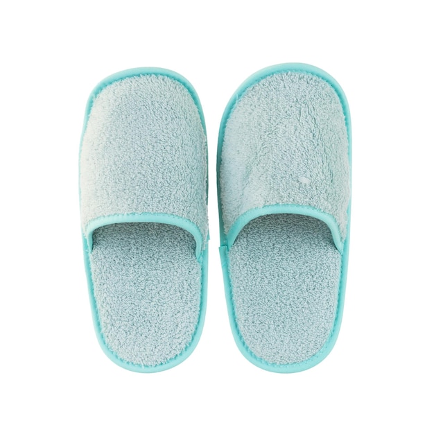 A pair of blue slippers with a white background