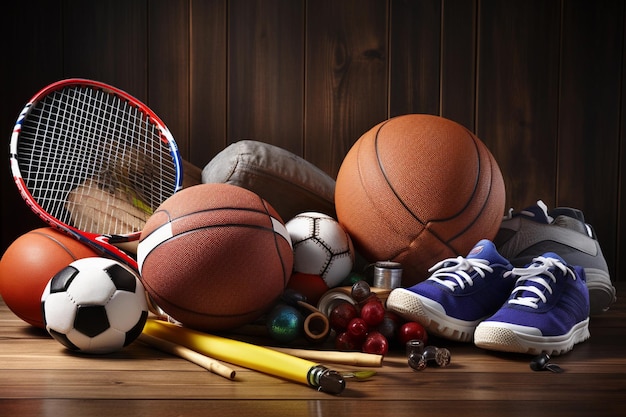 Photo a pair of blue tennis shoes are on a wooden floor with a basketball and a tennis ball.