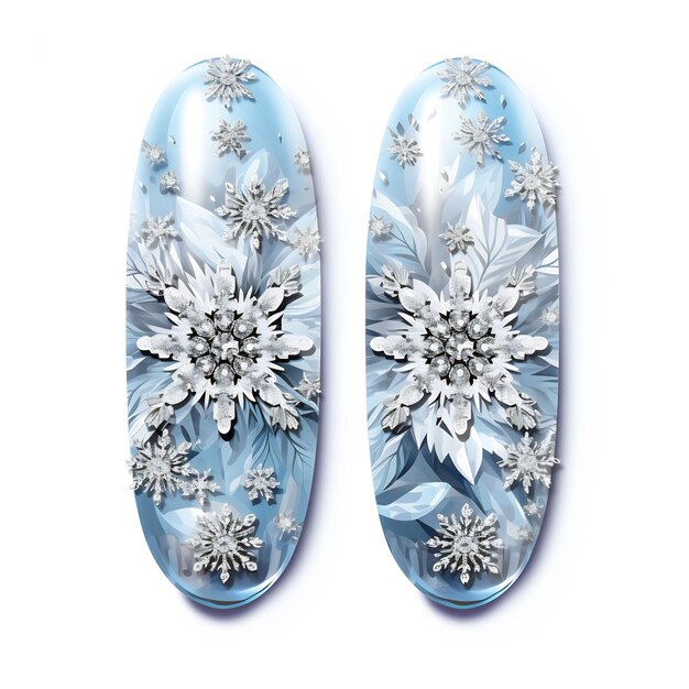 a pair of blue and white shoes with snowflakes on them