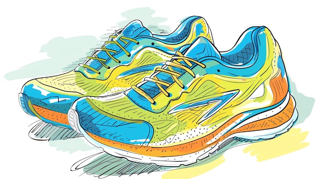 Photo a pair of blue and yellow running shoes the shoes are untied and the laces are hanging down the shoes are sitting on a white background