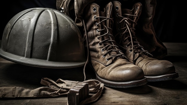 A pair of boots and a helmet are on a wooden floor.