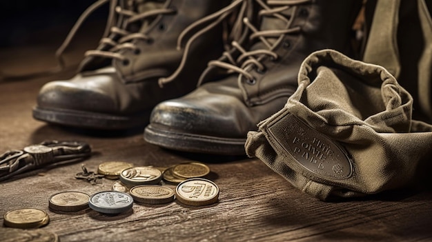 A pair of boots and a watch with the word war on it