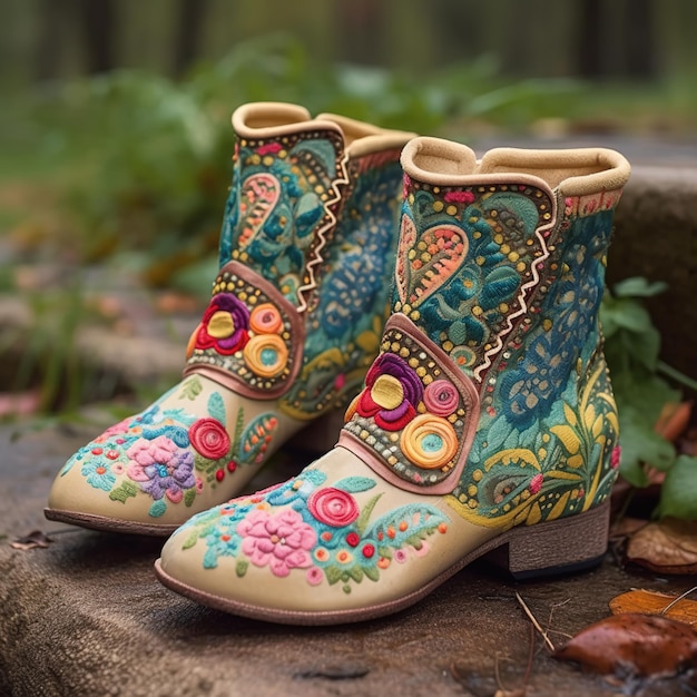 A pair of boots with a floral pattern on the side.