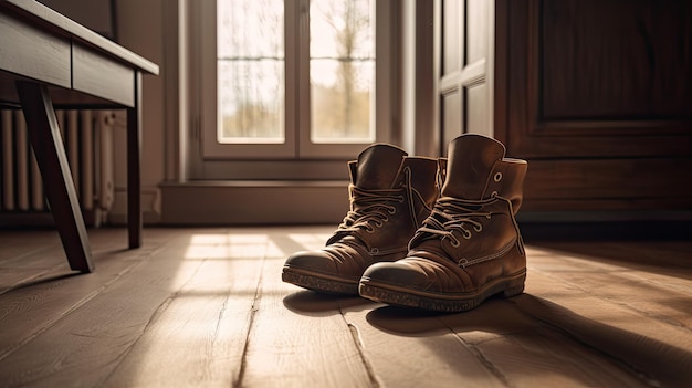 A pair of boots on a wooden floor in front of a window.