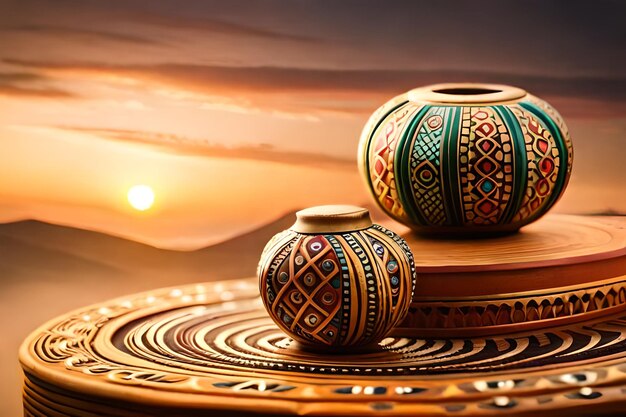 A pair of bowls with a sunset in the background