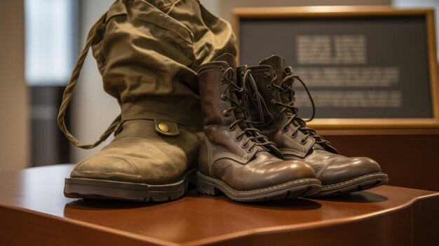 A pair of brown boots sit on a table in front of a chalkboard that says'army '