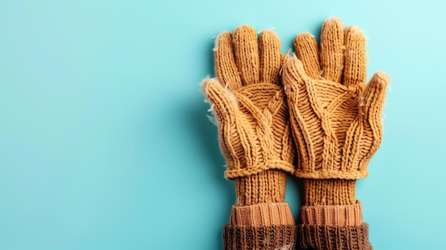 Photo a pair of brown knitted gloves on a blue background the gloves are fingerless and have a ribbed cuff