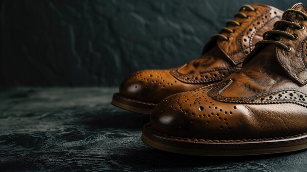 Pair of brown leather brogue shoes on a textured surface