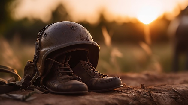 A pair of brown leather shoes are on a dirt ground with the sun setting behind them.