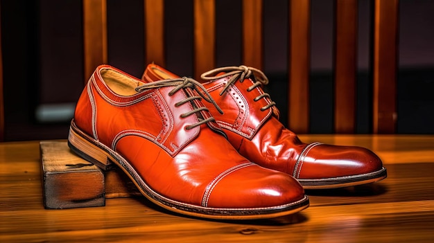 a pair of brown leather shoes are on a table in the style of light orange and dark crimson