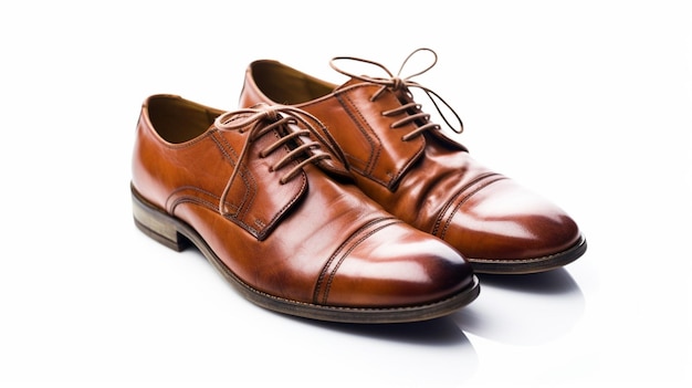 A pair of brown leather shoes with a white background