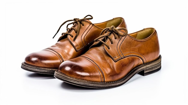 A pair of brown leather shoes with a white background