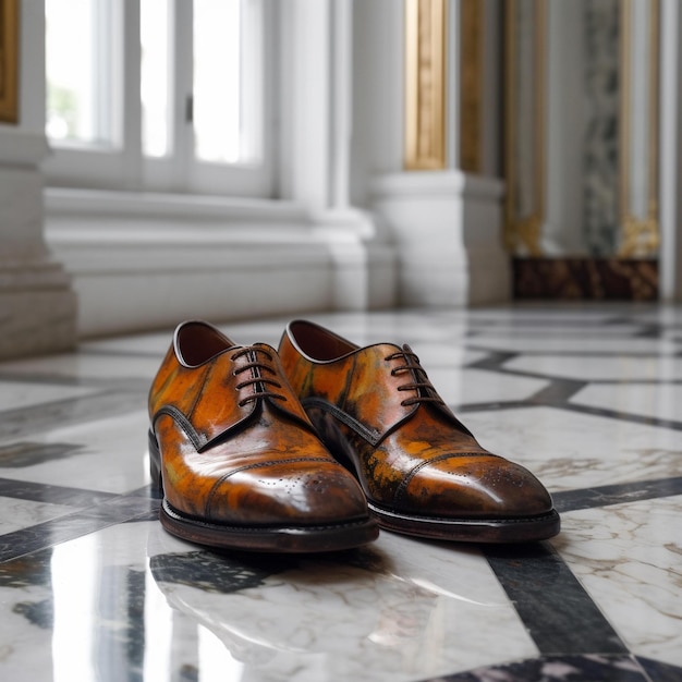 Photo a pair of brown shoes on a marble floor with a gold and black design.