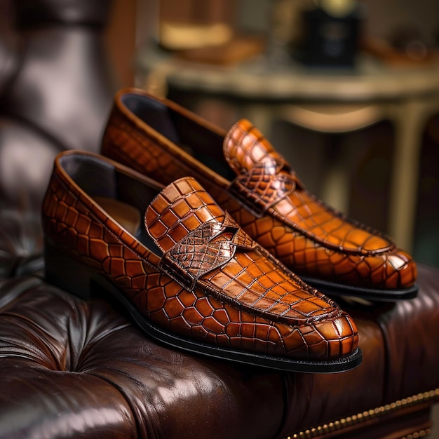 Photo a pair of brown shoes sit on a leather couch