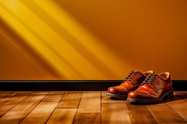 오렌지색 벽  ⁇ 에 나무 바닥 위에 앉아 있는 갈색 신발 한  ⁇ 