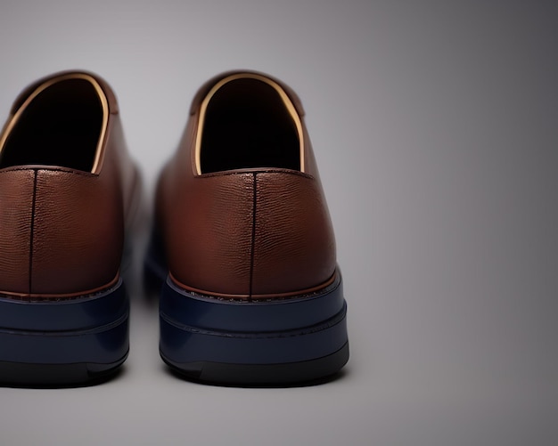 A pair of brown shoes with blue soles and a black sole.