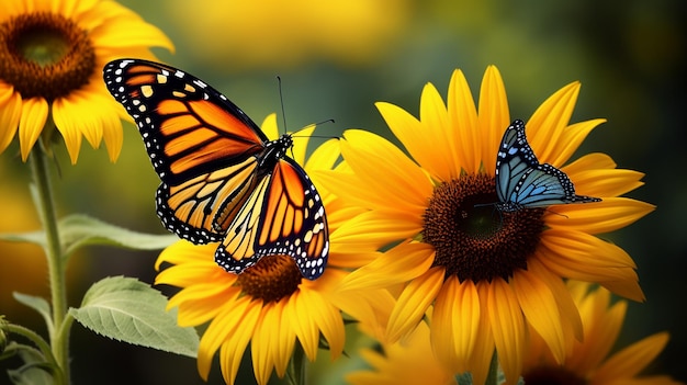 a pair of butterflies are on a sunflower