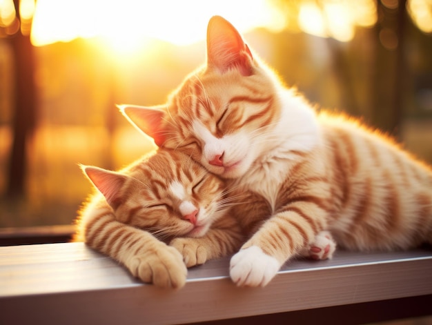 서로 껴안고 따뜻한 포옹을 나누고 있는 한 쌍의 고양이