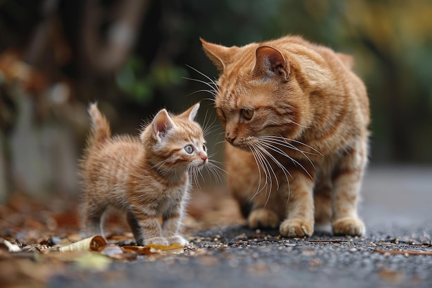 一組の猫が都市街をゆっくりと歩いています